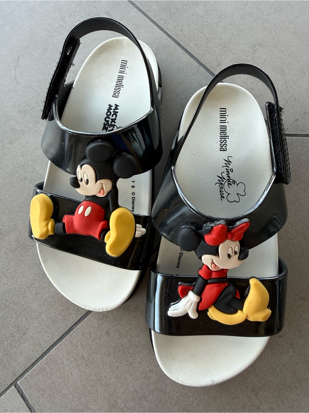 Mini Melissa Black Kids Sandals with Mickey & Minnie Yellow Red Accents like new